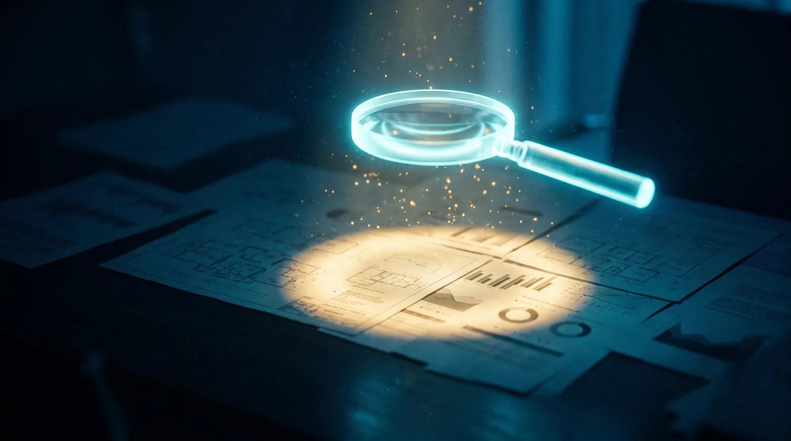 Una lupa de luz examinando documentos